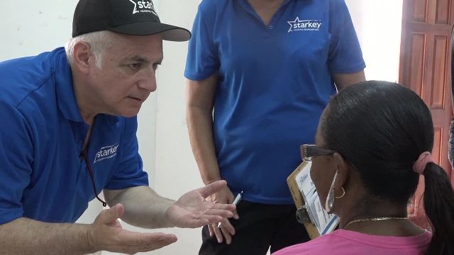 One of several persons being fitted with a hearing aid at the Starkey Hearing Foundation’s clinic at the Anglican Church Hall in Charlestown on June 08, 2017